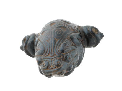 ANCIENT PRE COLUMBIAN TAINO CARVED STONE ZEMI FIGURINE: An ancient Pre-Columbian Taino carved stone zemi figurine, featuring twin bird-men shamans rendered in relief, facing each other atop the central cone and its projections. This exquisite piece exempli