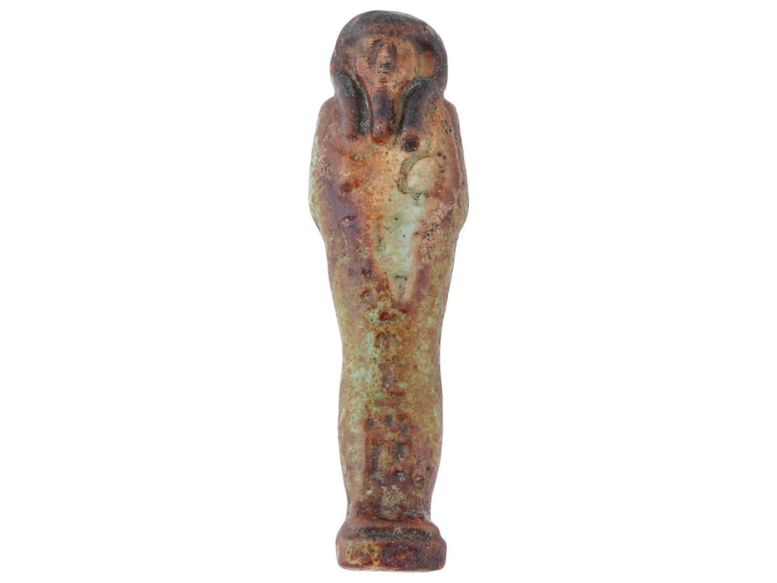 ANCIENT EGYPTIAN 18TH DYNASTY FAIENCE USHABTI FIGURINE: An ancient Egyptian 18th dynasty faience ushabti figurine with hieroglyphs. Circa 1570 to 1342 BC. Ushabti figurines were funerary figurines placed in tombs to serve the deceased in the afterlife, per