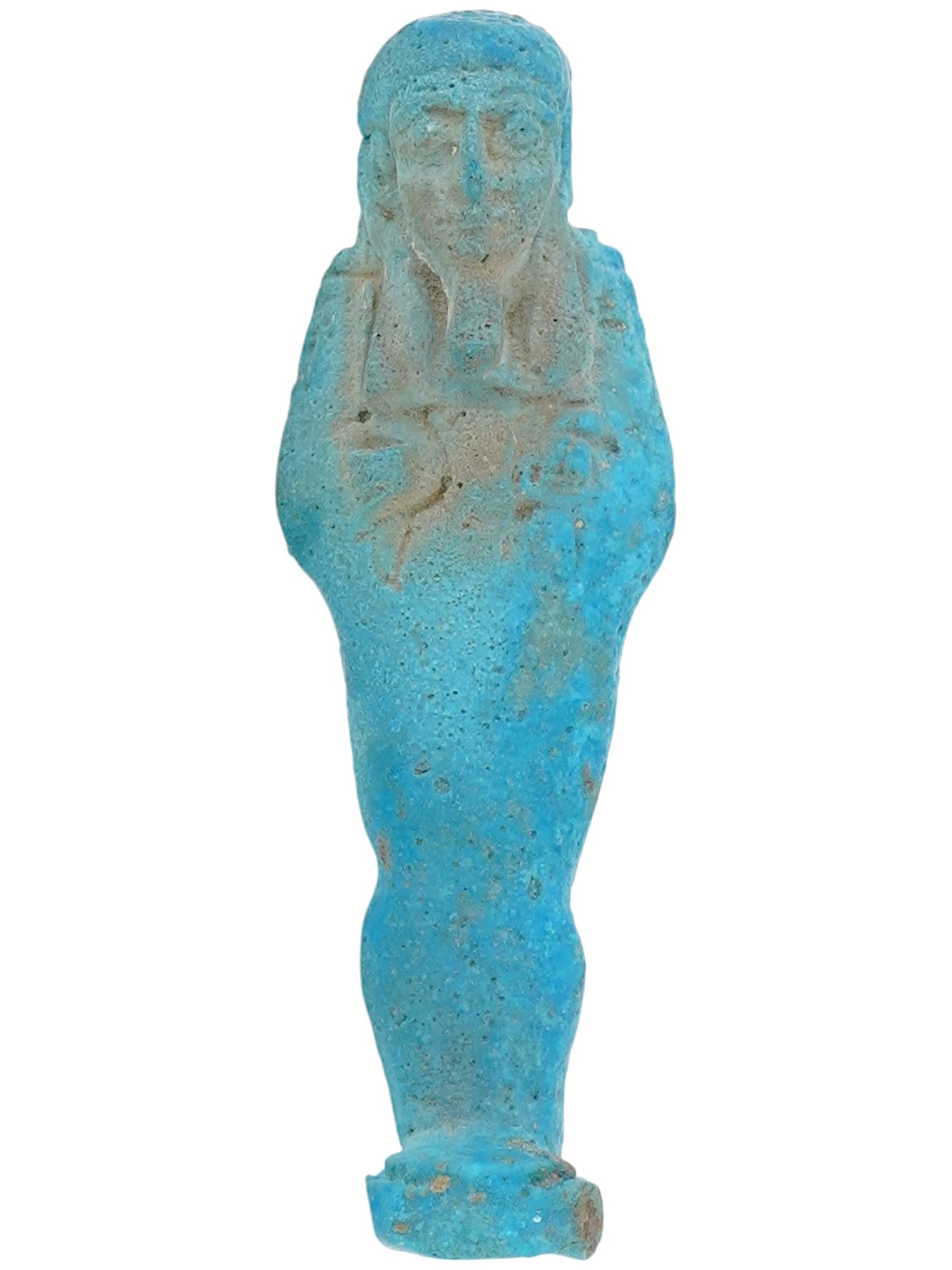 ANCIENT EGYPTIAN AMARNA PERIOD USHABTI FIGURINE: An ancient Egyptian ushabti figurine from the Amarna Period, dating to the 18th Dynasty, circa from 1570 to 1342 BC. Crafted in a bluish glazed faience, this funerary figure reflects the artistic styl