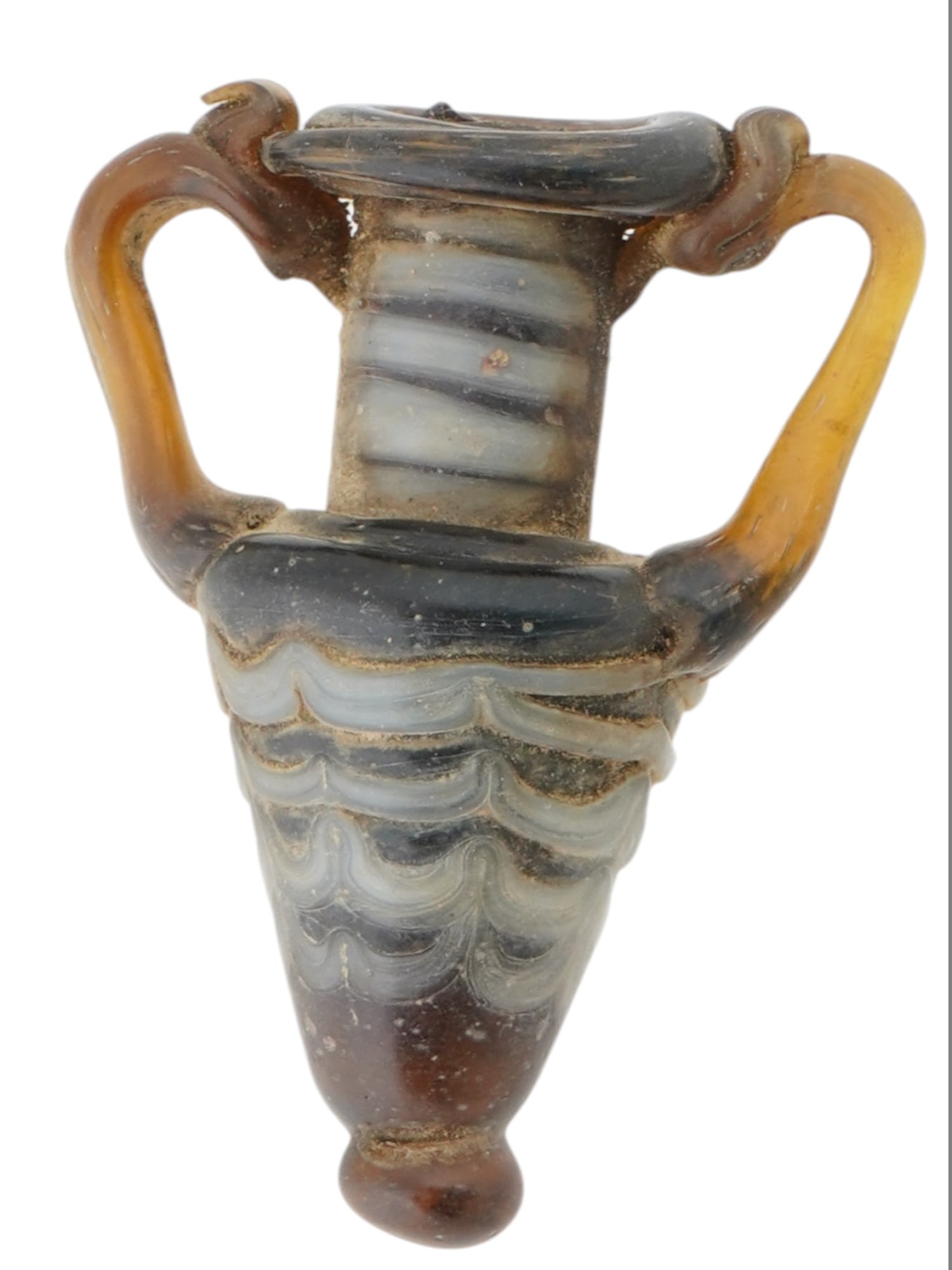 ANCIENT PHOENICIAN GLASS AMPHORISKOS 400 TO 200 BC: An ancient Phoenician blown glass amphoriskos of miniature size. Persian period, ca. 400 to 200 BC. The word amphoriskos, Greek for small amphora, refers to this objects shape, a miniature version of 