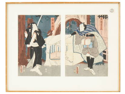 ANTIQUE JAPANESE KUNISADA UKIYO E DIPTYCH WOODBLOCK: An antique Japanese ukiyo-e diptych woodblock print depicting samurai figures in dramatic pose, by Utagawa Toyokuni III, also known as Kunisada, 1786 to 1865. Signed. Dating to circa 1850. Framed. Ant