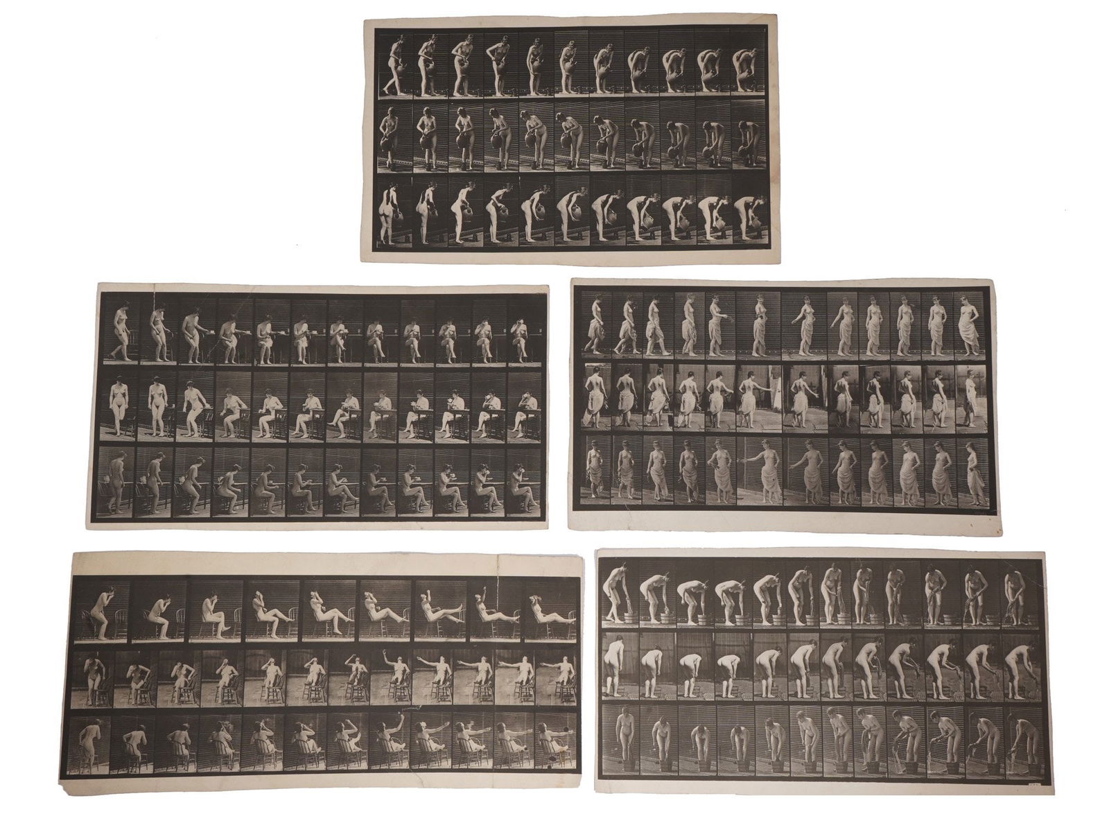 ENGLISH MOTION PHOTOS BY EADWEARD MUYBRIDGE 1880S: A collection of 5 English collotype motion photos by Eadweard Muybridge. Circa the late 19th century, 1880s. All five artworks include a series of photographs of nude women in motion. Eadweard Muybrid