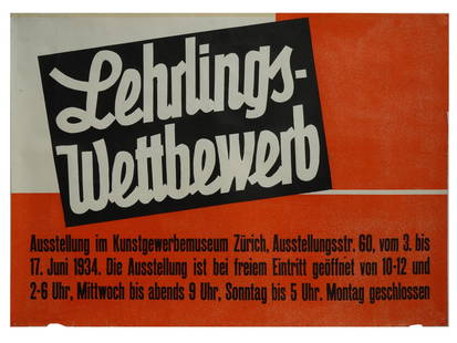 VINTAGE SWISS MUSEUM POSTER FOR APPRENTICE COMPETITION: A vintage German-language poster advertising an exhibition at the Museum of Decorative Arts in Zurich, showcasing works from an apprentice competition, 1934. The poster embodies an Art Deco or Bauhaus