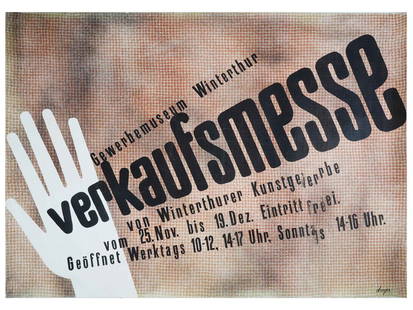 VINTAGE SWISS POSTER FOR SALES FAIR GEWERBEMUSEUM: A vintage German-language advertising poster promoting a sales fair at the Gewerbemuseum Winterthur in Switzerland. Likely dating to the 1930s, the design reflects a blend of Swiss precision and Bauha