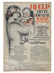 ANTIQUE DANISH POSTER HELP THE FOUNDLINGS BAZAAR 1918