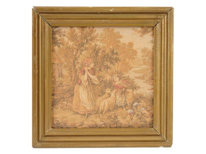 FRENCH ROCOCO GENRE SCENE JACQUARD TAPESTRY FRAMED: A vintage French jacquard tapestry, depicting a pastoral genre scene with a lady and a young girl surrounded by sheep in a landscape. Circa the second half of the 20th century. Framed. Vintage Europea