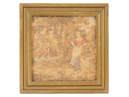 FRENCH ROCOCO GENRE SCENE JACQUARD TAPESTRY FRAMED: A vintage French jacquard tapestry, Coy, depicting a courtship genre scene of a young man on horseback eyeing a maiden gathering water. Circa the second half of the 20th century. Framed. Vintage Europ