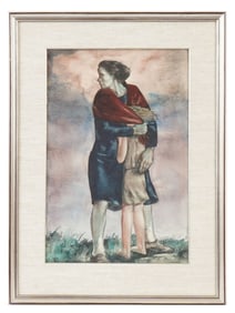 MID CENTURY WATERCOLOR PAINTING WOMAN WITH A CHILD