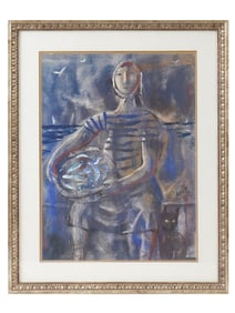 MID CENTURY MIXED MEDIA PAINTING PORTRAIT WOMAN FISH