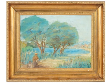 MID CENTURY OIL PAINTING LANDSCAPE SCENE WITH A FIGURE