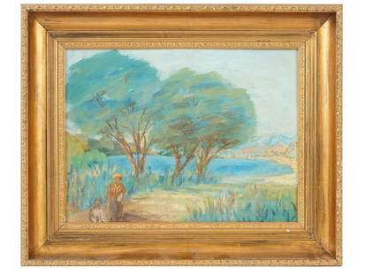 MID CENTURY OIL PAINTING LANDSCAPE SCENE WITH A FIGURE: A mid-century oil painting on canvas depicting a landscape scene with a figure, signed Vessie and dated1955 in the lower left. Framed. European Cityscape Paintings And Art Collectibles. THIS LO