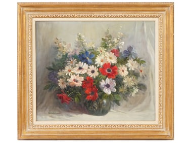 MID CENTURY OIL PAINTING STILL LIFE WITH FLOWERS