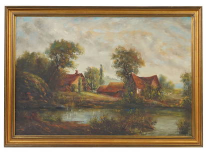 ANTIQUE AMERICAN OIL PAINTING SIGNED FREDERICK E CRANE: An antique oil on canvas painting signed Frederick E. Crane, 1847 to 1915, an American landscape artist. The artwork depicts a rural landscape with a pond, trees, and houses under a cloudy sky. Signed