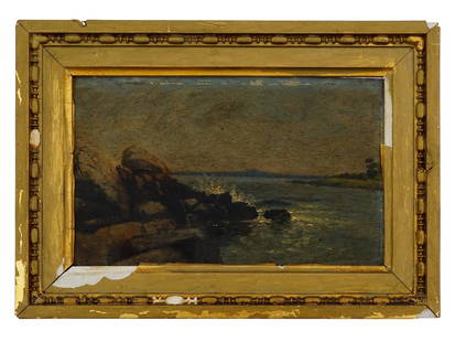 ANTIQUE AMERICAN SEASCAPE OIL PAINTING: Oil on board painting. American, early 20th century. The artwork depicts waves crashing against the coastal cliffs. Illegibly signed on the backside. Framed. Collectible Fine Art And Wall Decor, Marin