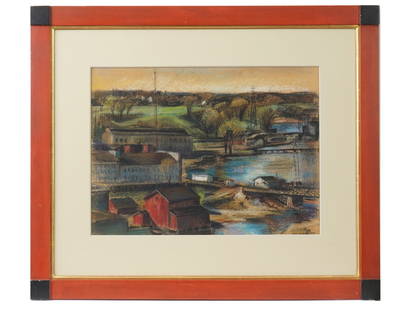TOM DIETRICH AMERICAN LANDSCAPE PASTEL PAINTING: Tom Dietrich, American, 1912 to 1998, pastel on board painting. A panoramic view of houses by the river. Signed by the artist and dated 1946 in the lower right. Matted and framed. Tom Dietrich was pro