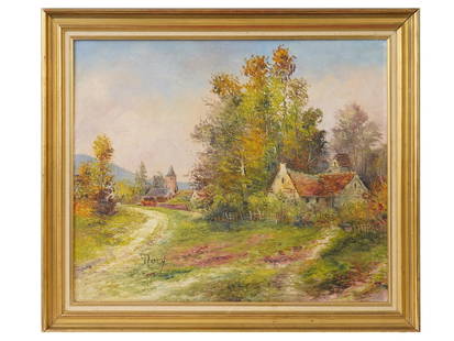 VINTAGE RURAL LANDSCAPE OIL PAINTING SIGNED NORY: Oil on canvas painting. American, mid to late 20th century. The artwork depicts a view of old cottage houses. Signed by the artist in the lower left, Nory. Framed. Collectible Fine Art And Wall Decor.