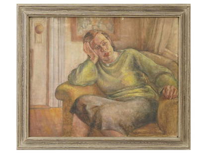 MID CENT AMERICAN FEMALE PORTRAIT OIL PAINTING: Oil on canvas painting. American, ca. 1950s. The artwork depicts a portrait of a woman in interior setting. Unsigned. Framed. Collectible Fine Art, Portraiture. THIS LOT QUALIFIES FOR A 30-DAY