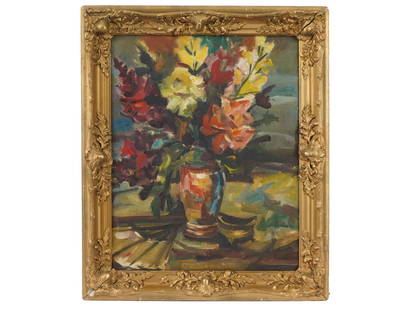AMERICAN OIL PAINTING STILL LIFE SIGNED CELIA MICHELENA: A mid century oil on canvas on board still life painting, signed Celia B. Michelena, American, Mexican, 1910 to 2006. Framed by an ornate gilt wooden frame. Celia B. Michelena was a San Francisco Bay