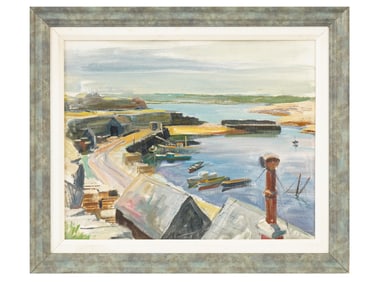 OIL PAINTING OF A FISHING VILLAGE FRAMED