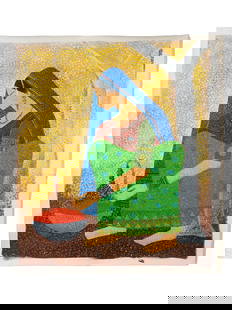 ATTR TO SHRIDHAR BENDRE INDIAN OIL PAINTING: An oil on canvas painting attributed to Narayan Shridhar Bendre, also known as N.S. Bendre, 1910 to 1992, an Indian artist, founder of the Baroda group, an experimental art school which offered an alt