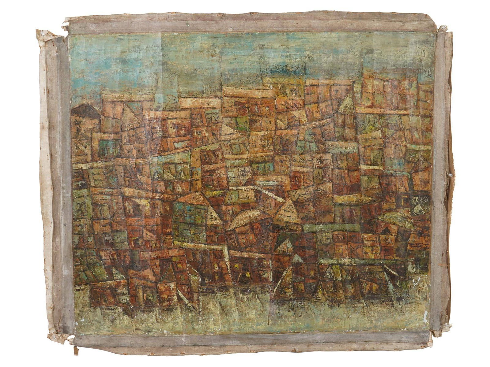 RAM KUMAR INDIAN ABSTRACT OIL PAINTING WITH COA: An oil painting on canvas depicting an Expressionist cityscape. Signed, Ram Kumar, on the back side, dated 1960. Titled To Whom It May Concern. The artwork comes with a certificate of authenticity, si