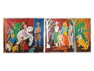 DIPTYCH ACRYLIC PAINTINGS SIGNED M F HUSAIN WITH COA