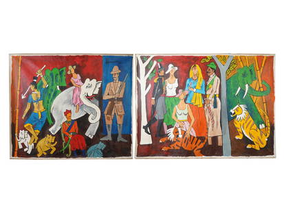 DIPTYCH ACRYLIC PAINTINGS SIGNED M F HUSAIN WITH COA: A diptych of acrylic paintings on canvas, signed Maqbool Fida Husain, Indian, English, 1913 to 2011, depicting a genre scene. Signed upper right, on the left panel. Completed with a signed certificate