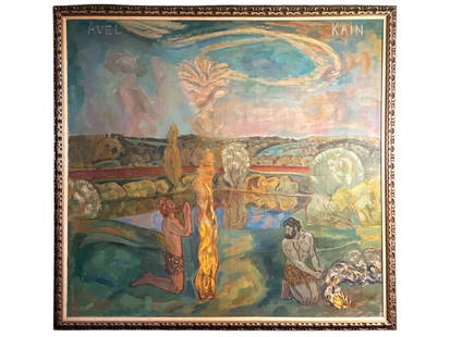 RUSSIAN SOVIET OIL PAINTING BY ANDREY TUTUNOV W COA: Andrey Tutunov, Russian Soviet era, oil painting on canvas, Abel and Cain, 1984. Signed and dated lower left. Titled upper right and left. Framed. Additionally signed, dated, inscribed, and the stamp
