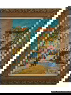 SIGNED MID CENTURY EUROPEAN SCHOOL OIL PAINTING: A vibrantly painted vintage Post Impressionist oil painting on canvas depicting a European street scene, illegibly signed lower left, presumably, Stofantie. Housed in an ornately carved gilt wood and