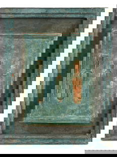 RUSSIAN ABSTRACT MIXED MEDIA ARTWORK BY V. LAVROV: Green patinated cast copper artwork. Russian, late 20th century. Abstract composition with three bottle shapes. Signed by the artist in the lower right, V. Lavrov. Framed. Collectible Contemporary Abs
