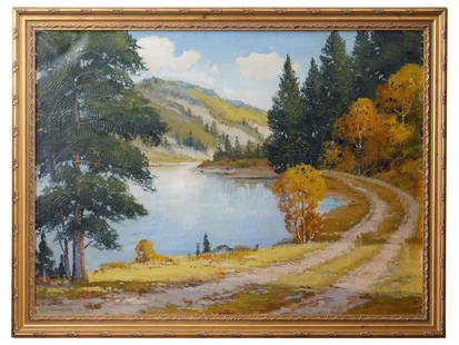 AMERICAN OIL PAINTING SIGNED ERNEST T FREDERICKS: An oil painting on canvas depicting a Hudson river landscape. Signed, Ernest T. Fredericks, lower left. Framed. Additionally inscribed on the backside. Ernest T. Fredericks, 1877 to 1959, was an Ameri