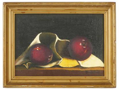 VINTAGE OIL STILL LIFE PAINTING WITH APPLES SIGNED: A vintage oil painting on canvas depicting a still life with large red apples. Illegible signature lower right. Circa mid to the second half of the 20th century. Framed. Modern and Vintage European an