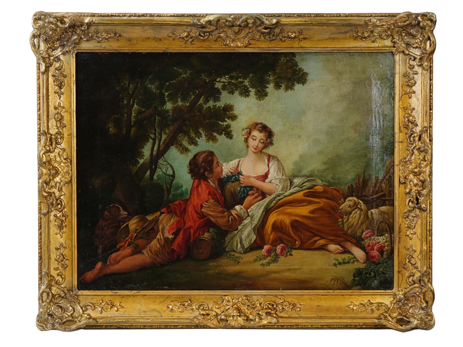 AFTER FRANCOIS BOUCHER GALANT SCENE OIL PAINTING: Oil on canvas painting, after Francois Boucher, 1703 to 1770, a prominent French Rococo artist. The artwork depicts a galant scene in pastoral landscape setting, a shepherd and shepherdess. Ca. early