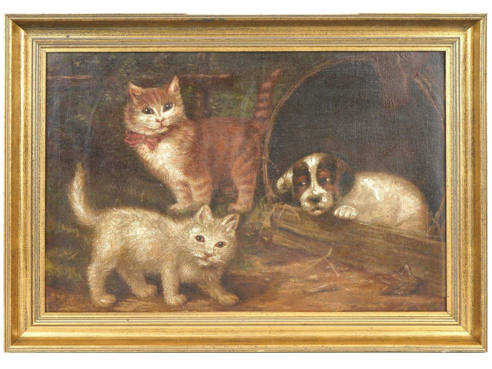 ANTIQUE OIL PAINTING OF A DOG AND CATS (1 of 5)