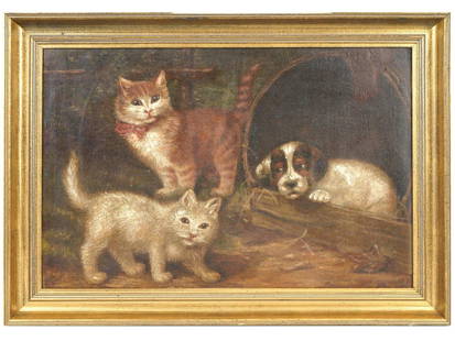 ANTIQUE OIL PAINTING OF A DOG AND CATS: Oil on canvas painting. Late 19th to early 20th century. The artwork represents two cats and a dog in weaved basket. Unsigned. Framed. Collectible Fine Art And Wall Decor, Pets Animals. THIS LO