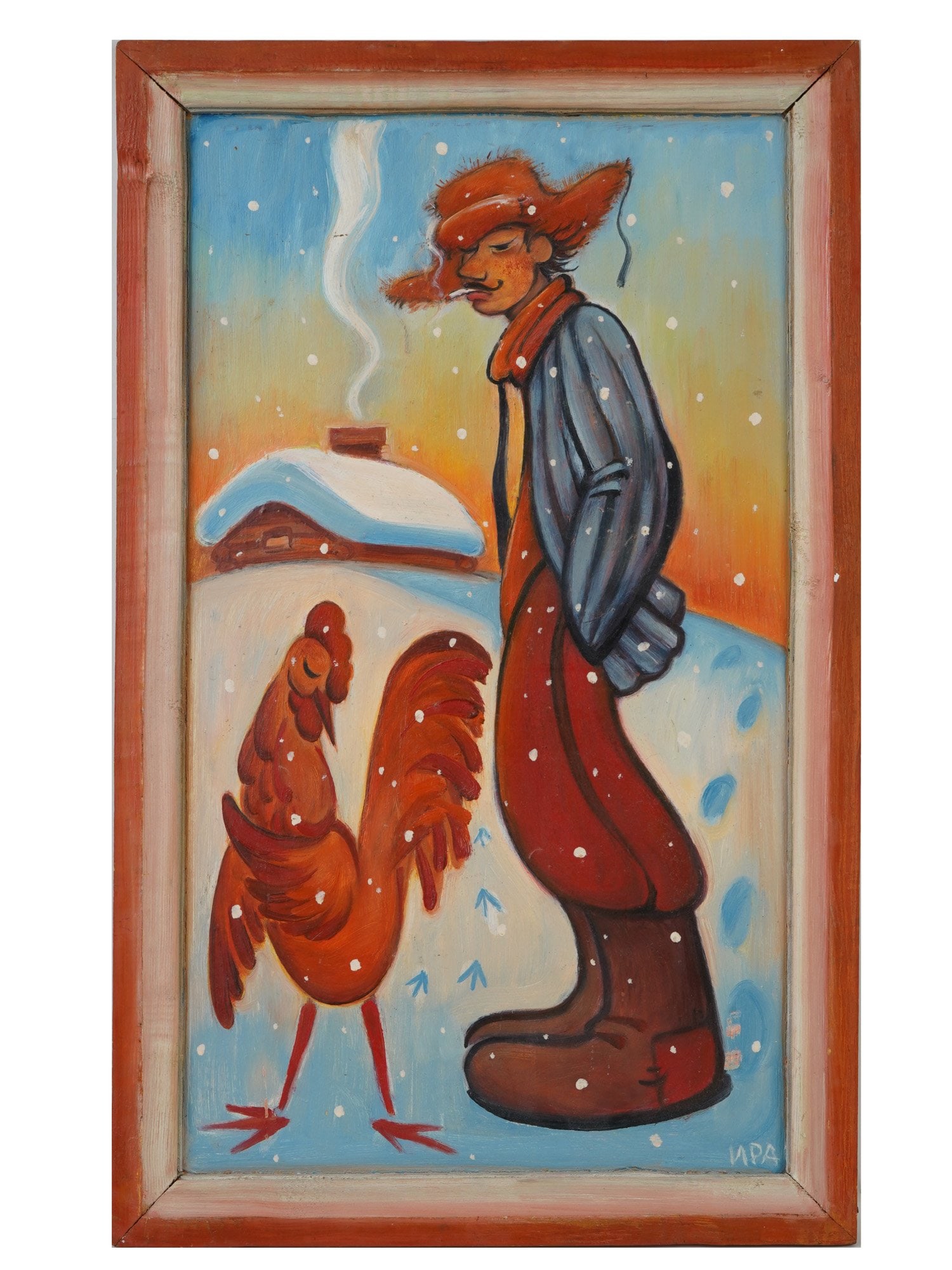 IRINA VLASOVA RUSSIAN OIL PAINTING VERY LONELY ROOSTER: Irina Vlasova, Russian, born 1951, an oil painting on board depicting a winter scene with a man and rooster. Signed lower right. Titled A Very Lonely Rooster on the back. Dated 1985. Contemporary Pain