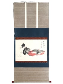 ASIAN INK CALLIGRAPHY PAINTING ON HANGING SCROLL