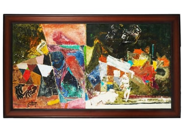MAQBOOL FIDA HUSAIN INDIAN ABSTRACT OIL PAINTING