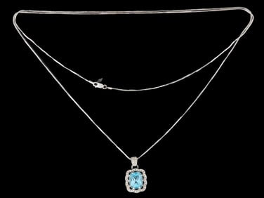 VINTAGE 14K WHITE GOLD AQUAMARINE DIAMOND PENDANT