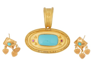 ISLAMIC 22K GOLD TURQUOISE PENDANT AND EARRINGS