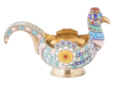 RUSSIAN GILT SILVER ENAMEL BIRD KOVSH WITH GEMSTONES