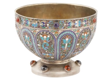 LARGE RUSSIAN 88 SILVER ENAMEL GEMSTONE BRATINA BOWL