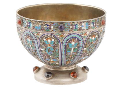 LARGE RUSSIAN 88 SILVER ENAMEL GEMSTONE BRATINA BOWL: A Russian 88 silver and enamel bratina bowl. The bowl is decorated to the surface with multicolored enamel scrolling foliate and floral patterns manufactured in the cloisonne technique. Adorned with c