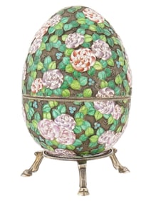 LARGE RUSSIAN SILVER ENAMEL EASTER EGG WITH STAND