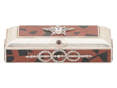 RUSSIAN SILVER ENAMEL MOSAIC HARDSTONE BOX W GEMS