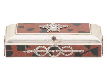 RUSSIAN SILVER ENAMEL MOSAIC HARDSTONE BOX W GEMS: A Russian silver trinket box of rectangular shape with hinged lid. The piece is set with hardstone mosaic. Overlay Neoclassical motifs. Imperial Eagle on the lid and the clasp are garnished with gemst