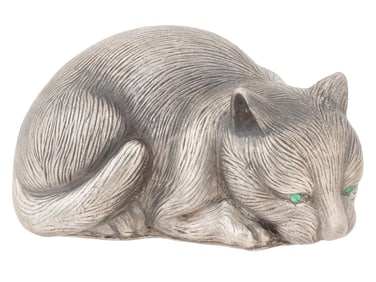 RUSSIAN SILVER CAT FIGURE WITH EMERALD EYES