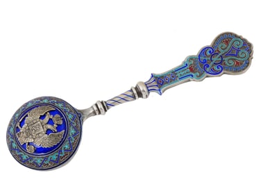 LARGE RUSSIAN SILVER ENAMEL IMPERIAL SERVING SPOON