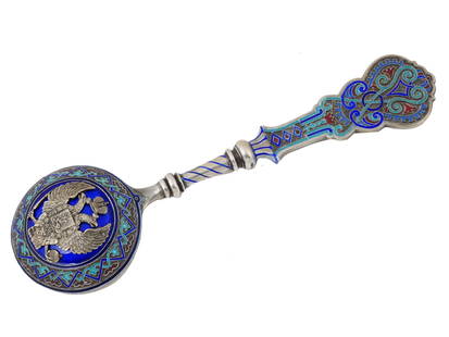 LARGE RUSSIAN SILVER ENAMEL IMPERIAL SERVING SPOON: An extra large Russian Imperial 88 silver presentation serving spoon. The figurative handle and the backside of the bowl are garnished with cloisonne enamel ornaments in green and cobalt blue. The bow