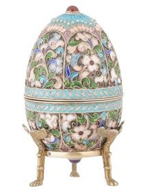 LARGE RUSSIAN SILVER ENAMEL EGG W GEMSTONES AND STAND